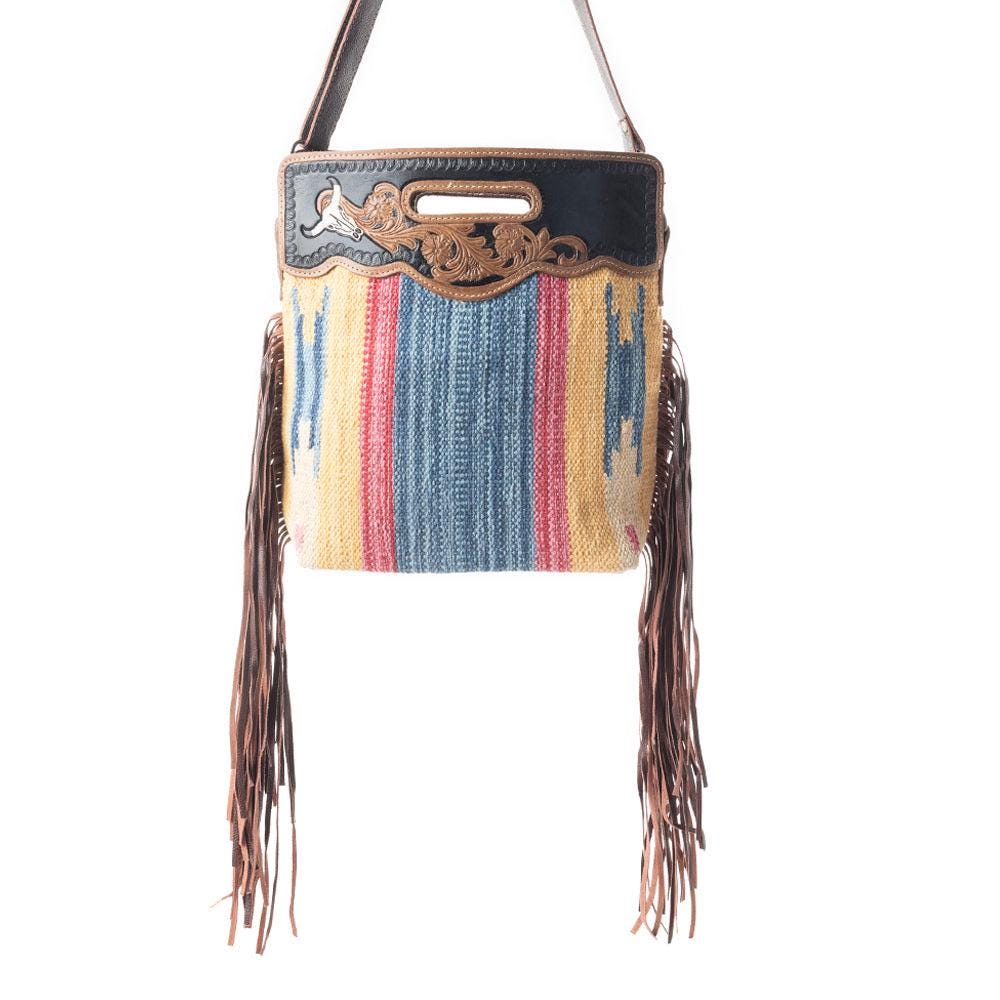 Myra Bag Blue Stream Hand Tooled Bag Fringe