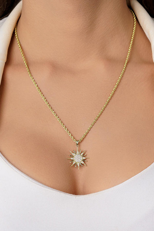 14ct Gold Sunburst Pendant on Rope Chain