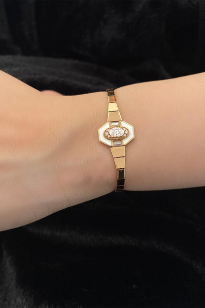 14ct Gold Wide Stone Bracelet with White Enamel