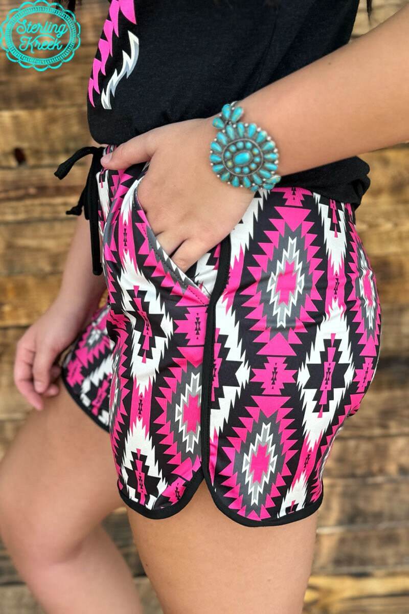 Road To You Shorts by Sterling Kreek Aztec Southwestern Pink Black Gray - Graced By The South