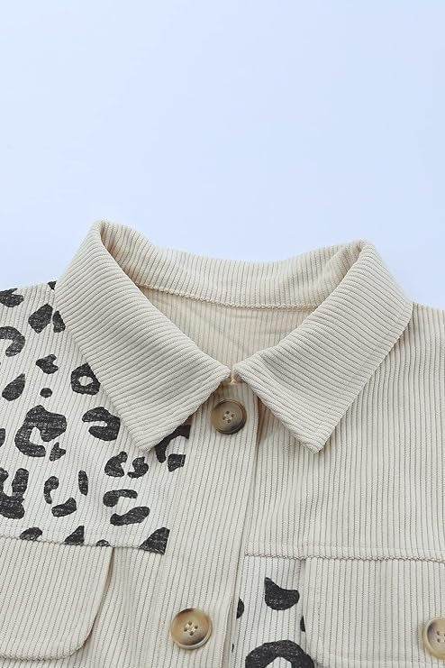 Cream Leopard Print Detail Pocketed Corduroy Jacket Shacket Shirt - Graced By The South