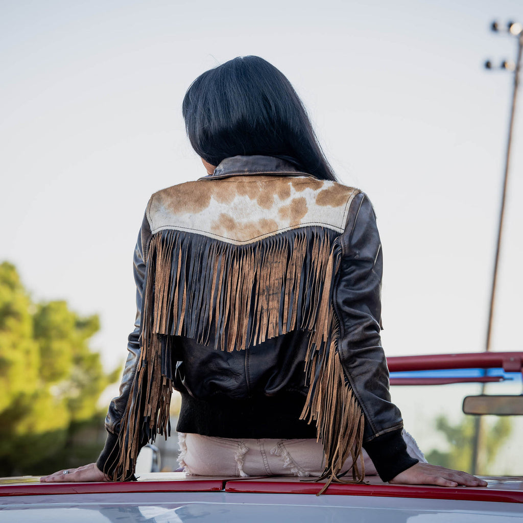 Women’s Lettie Fringe Leather and Hairon Jacket by STS Ranchwear Tobacco Brown