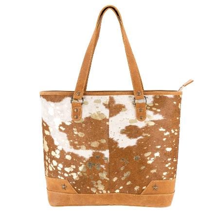 Sixtease Tan/ Gold Cowhide Leather Hairon Tote Bag Purse