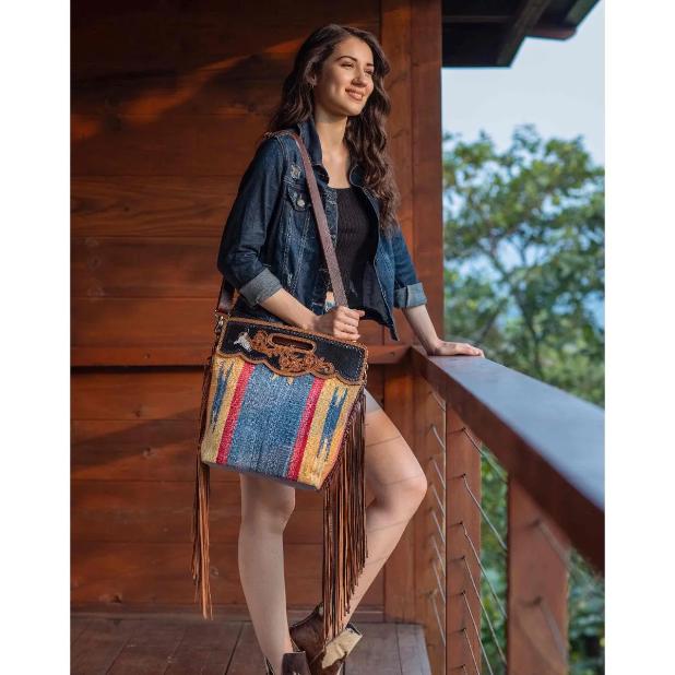 Myra Bag Blue Stream Hand Tooled Bag Fringe