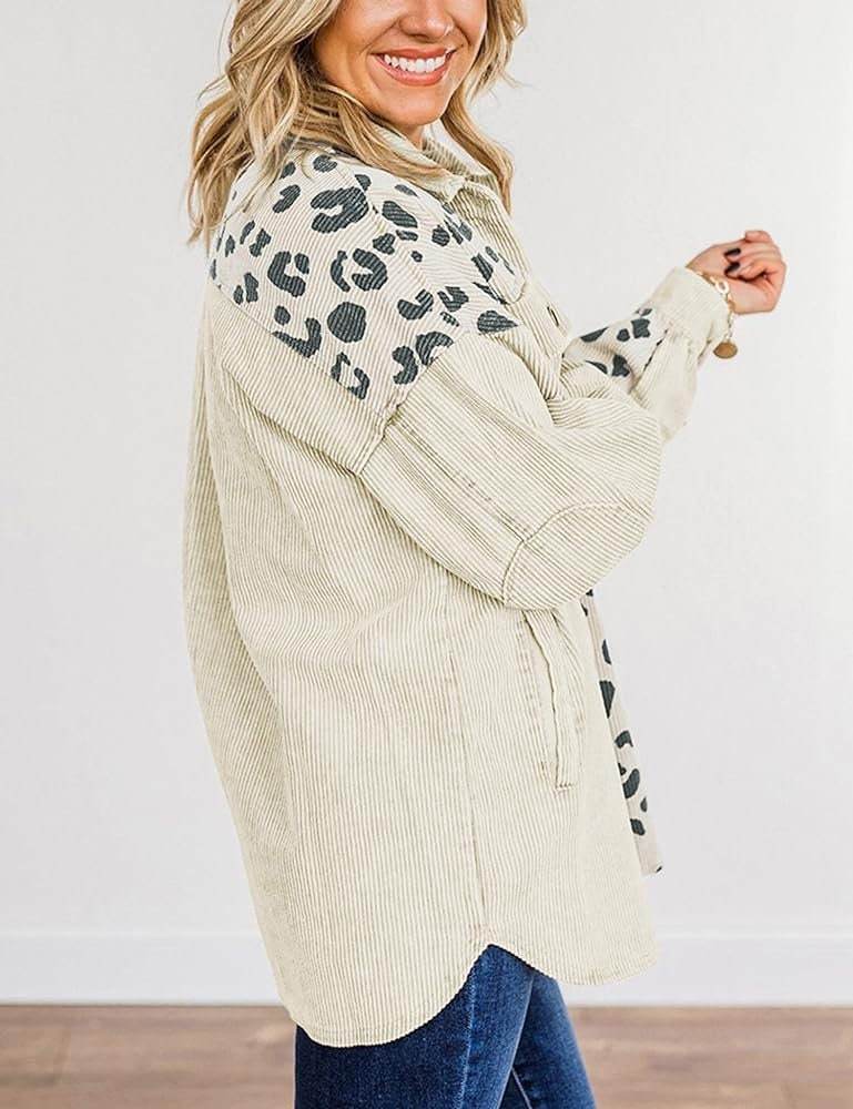 Cream Leopard Print Detail Pocketed Corduroy Jacket Shacket Shirt - Graced By The South