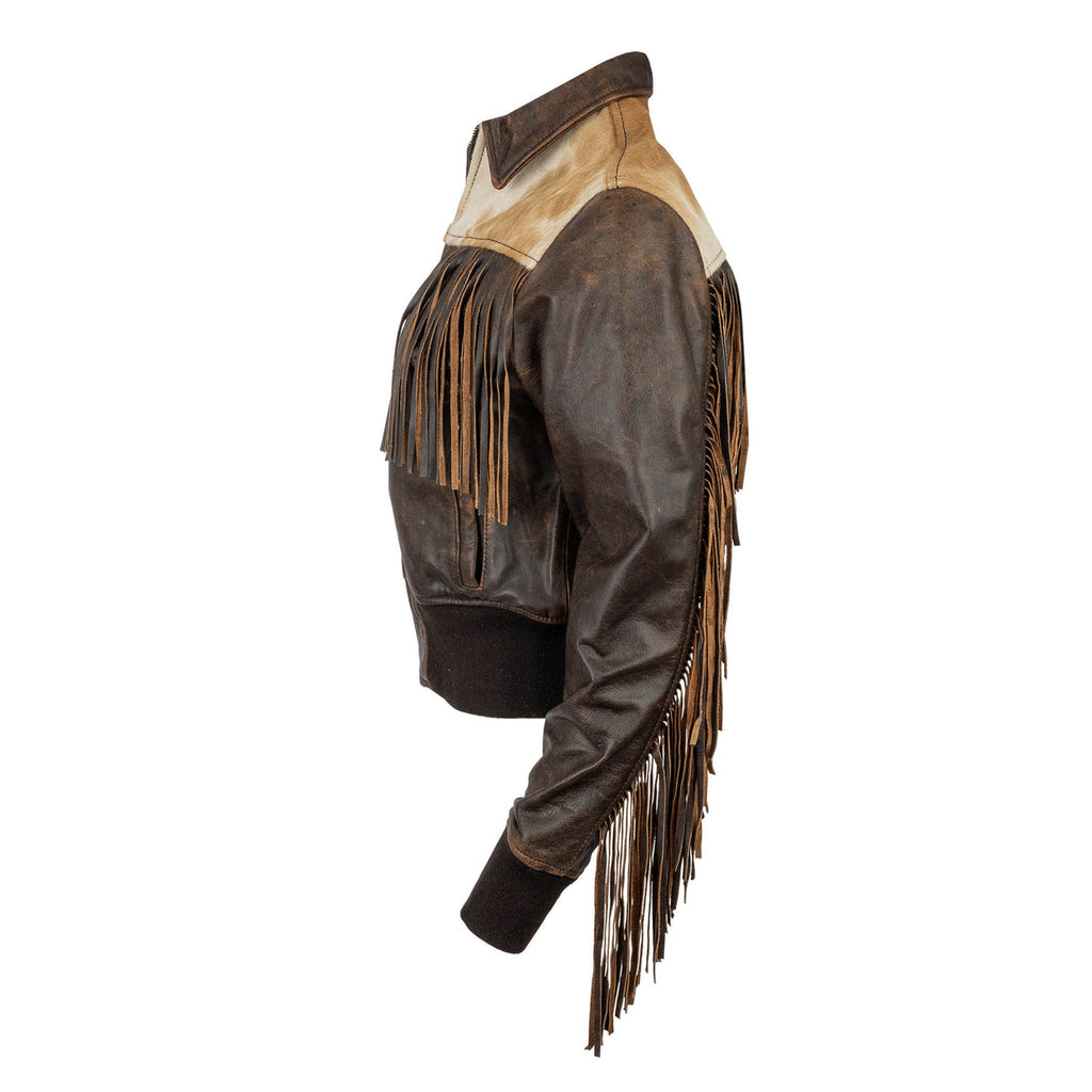 Women’s Lettie Fringe Leather and Hairon Jacket by STS Ranchwear Tobacco Brown