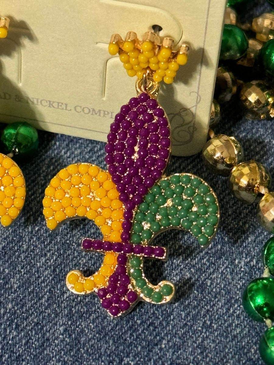Beaded Mardi Gras Dangle Earrings - Graced By The South
