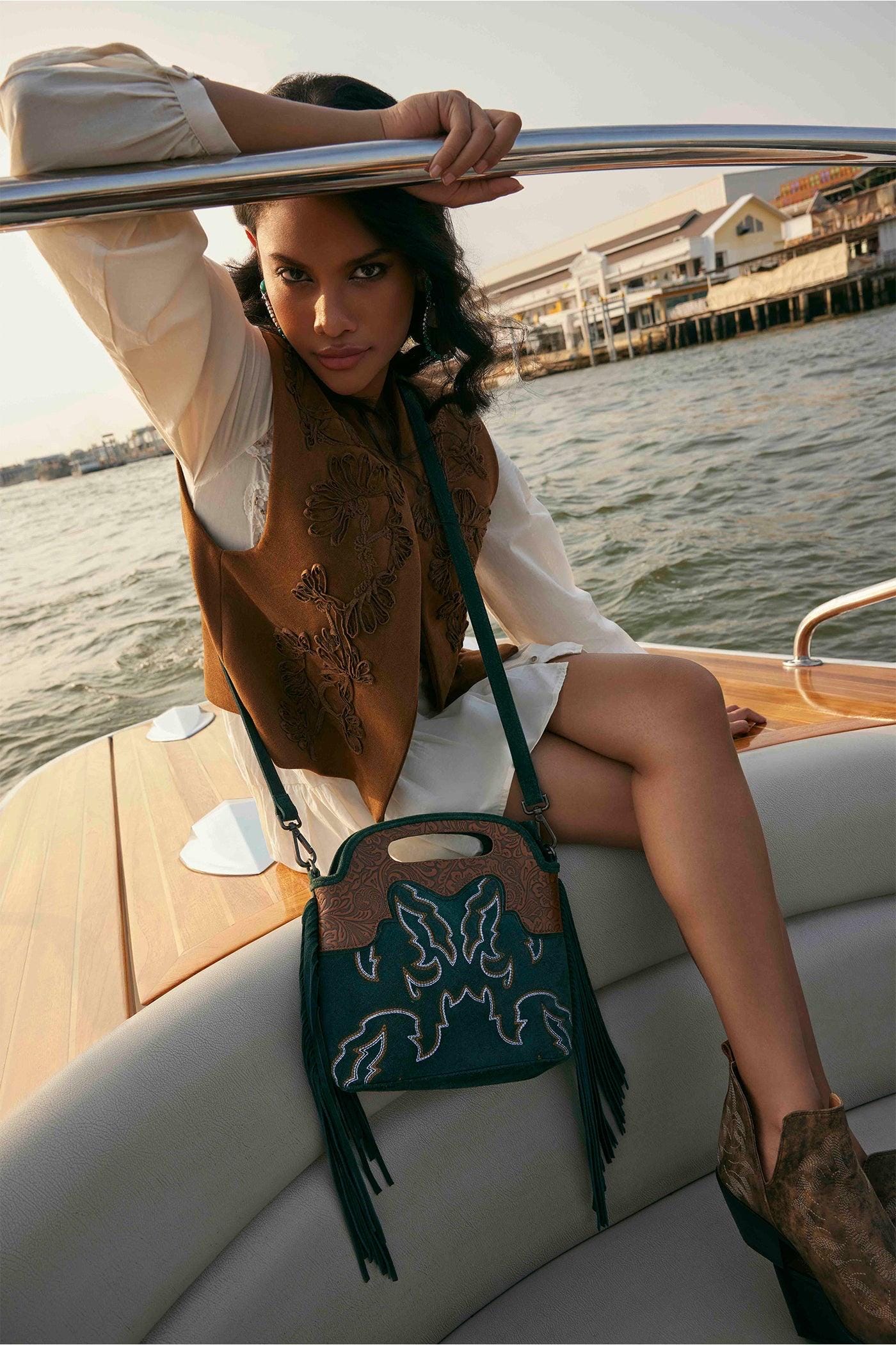 Myra Bag Electric Dessert Tooled Bag Fringe Green