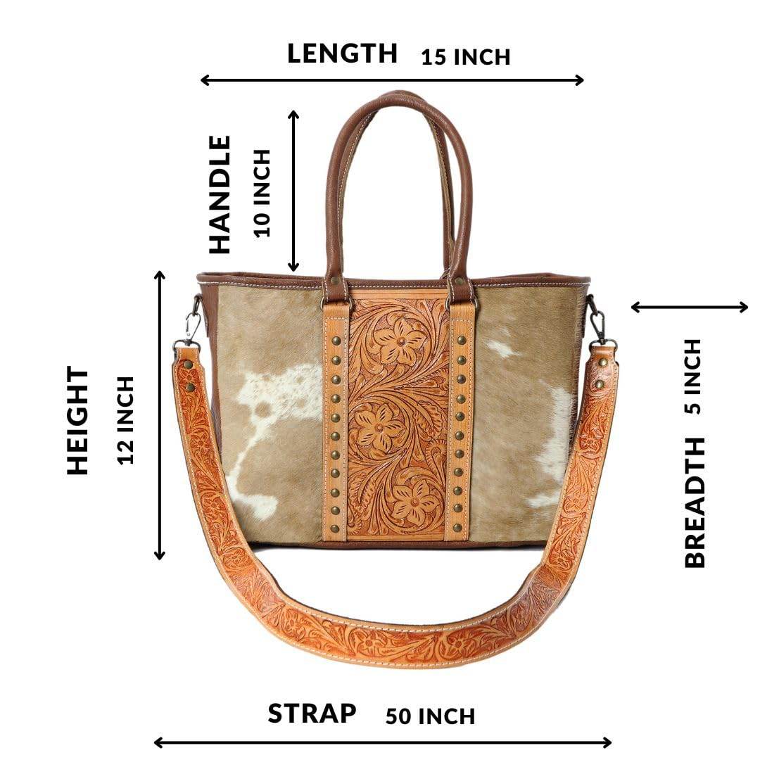Western Cowhide Hairon Leather Tote Bag for Women With Adjustable Tooled Shoulder Strap Leather Purse - Graced By The South