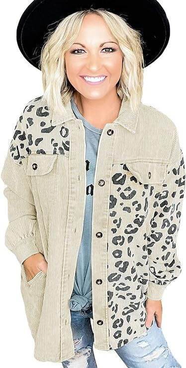 Cream Leopard Print Detail Pocketed Corduroy Jacket Shacket Shirt - Graced By The South