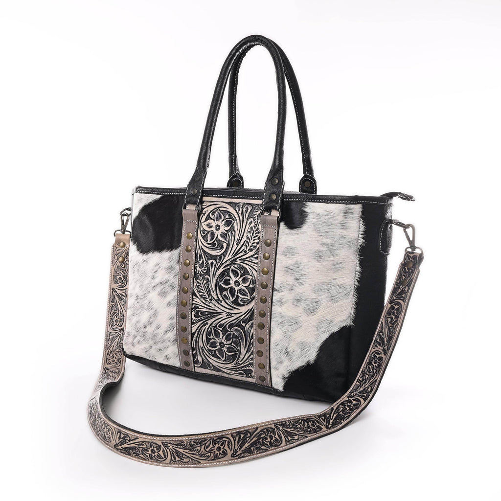 Western Cowhide Hairon Leather Tote Bag for Women With Adjustable Tooled Shoulder Strap Leather Purse - Graced By The South