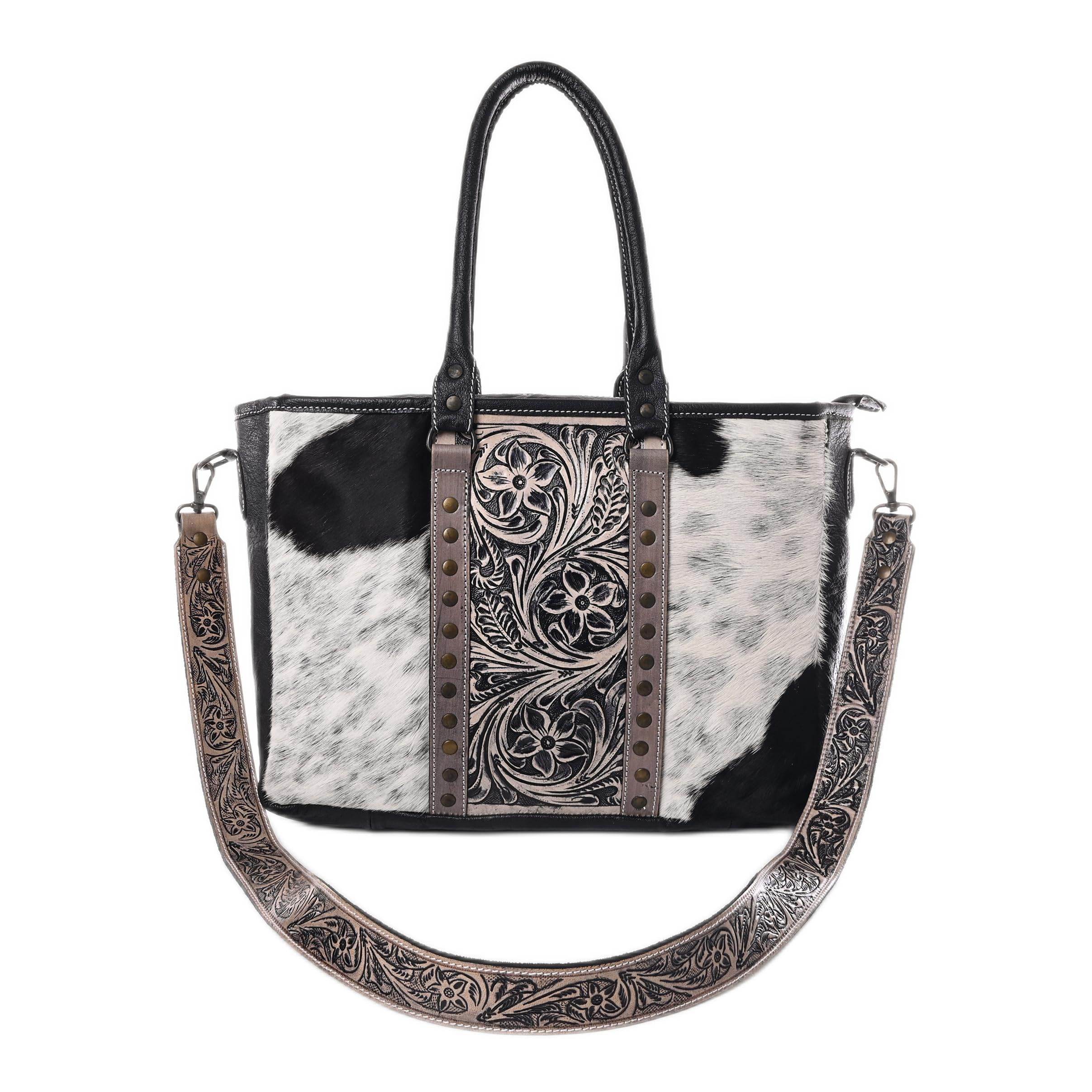 Western Cowhide Hairon Leather Tote Bag for Women With Adjustable Tooled Shoulder Strap Leather Purse - Graced By The South