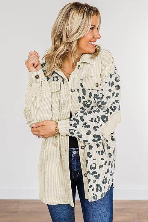 Cream Leopard Print Detail Pocketed Corduroy Jacket Shacket Shirt - Graced By The South