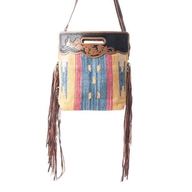 Myra Bag Blue Stream Hand Tooled Bag Fringe