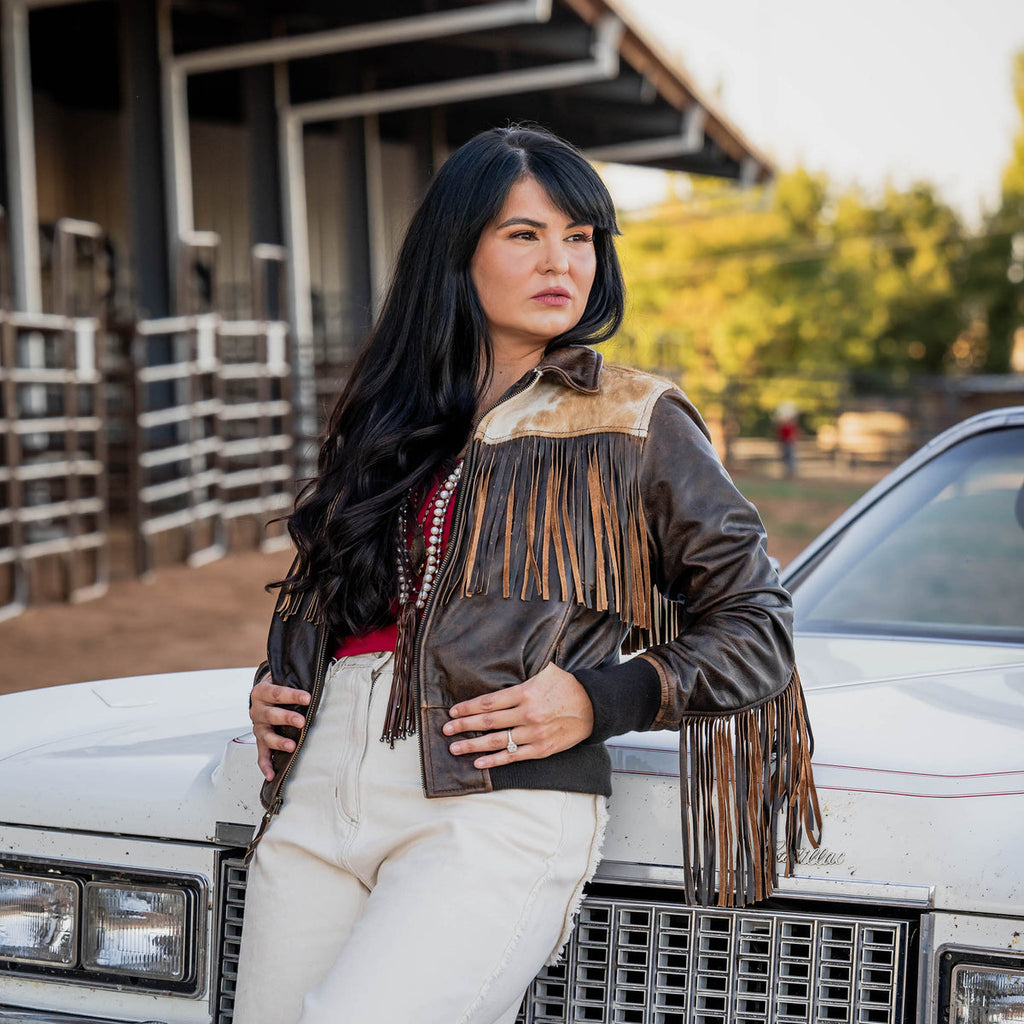 Women’s Lettie Fringe Leather and Hairon Jacket by STS Ranchwear Tobacco Brown