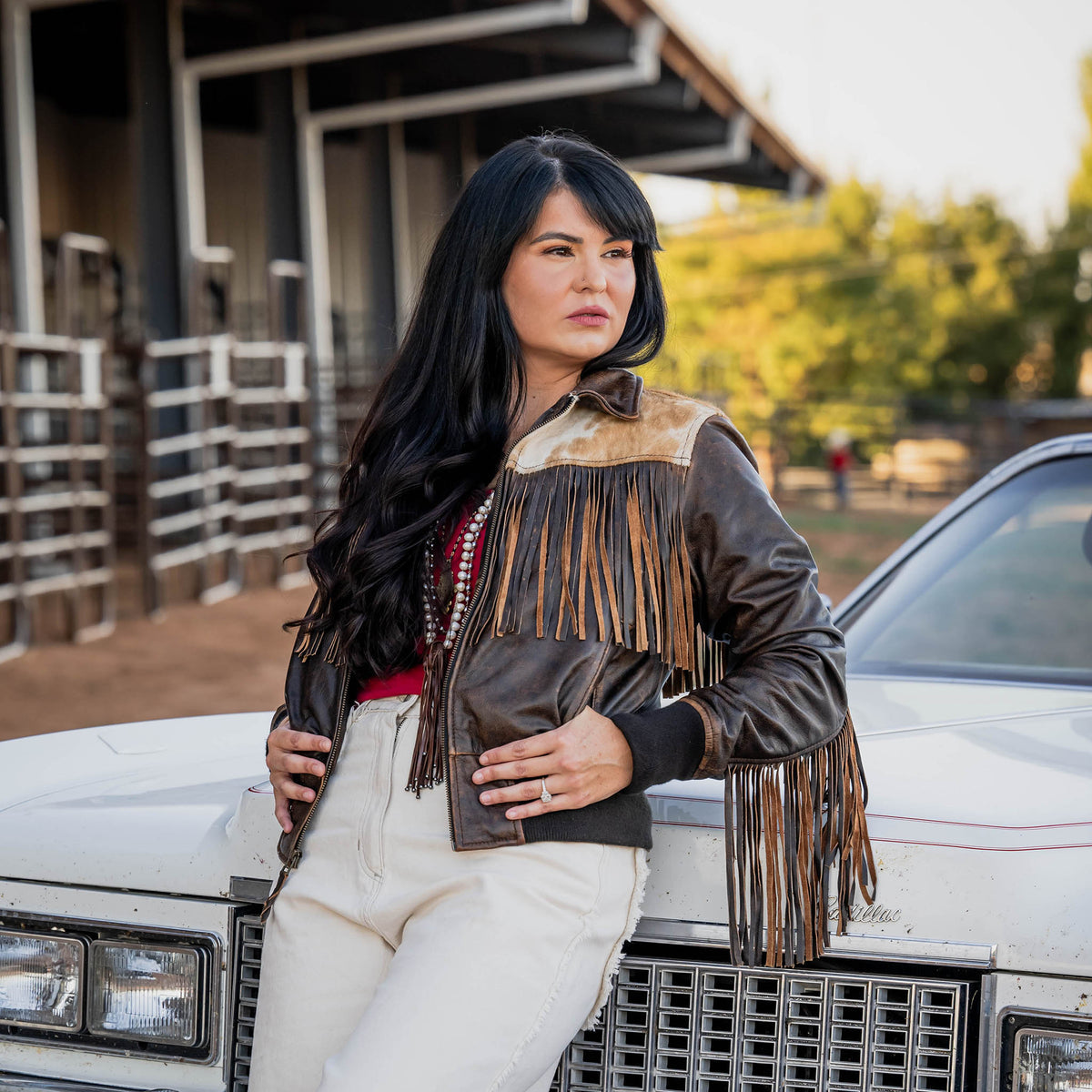 Women’s Lettie Fringe Leather and Hairon Jacket by STS Ranchwear Tobacco Brown