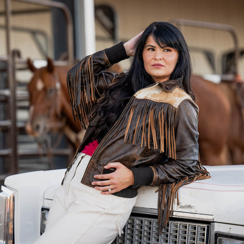 Women’s Lettie Fringe Leather and Hairon Jacket by STS Ranchwear Tobacco Brown