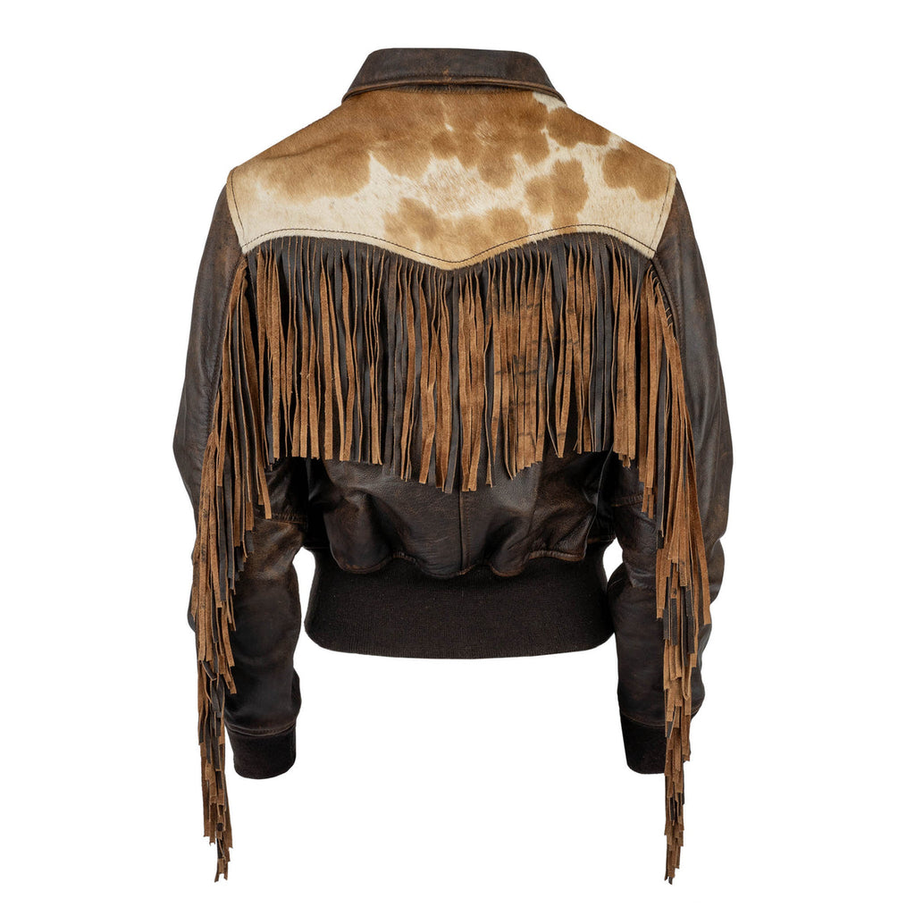 Women’s Lettie Fringe Leather and Hairon Jacket by STS Ranchwear Tobacco Brown