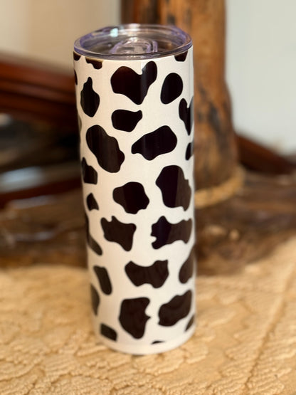 Cow Print black and White tumbler 20 oz Dpuble Walled Cleaning brush and Straw and gift box.