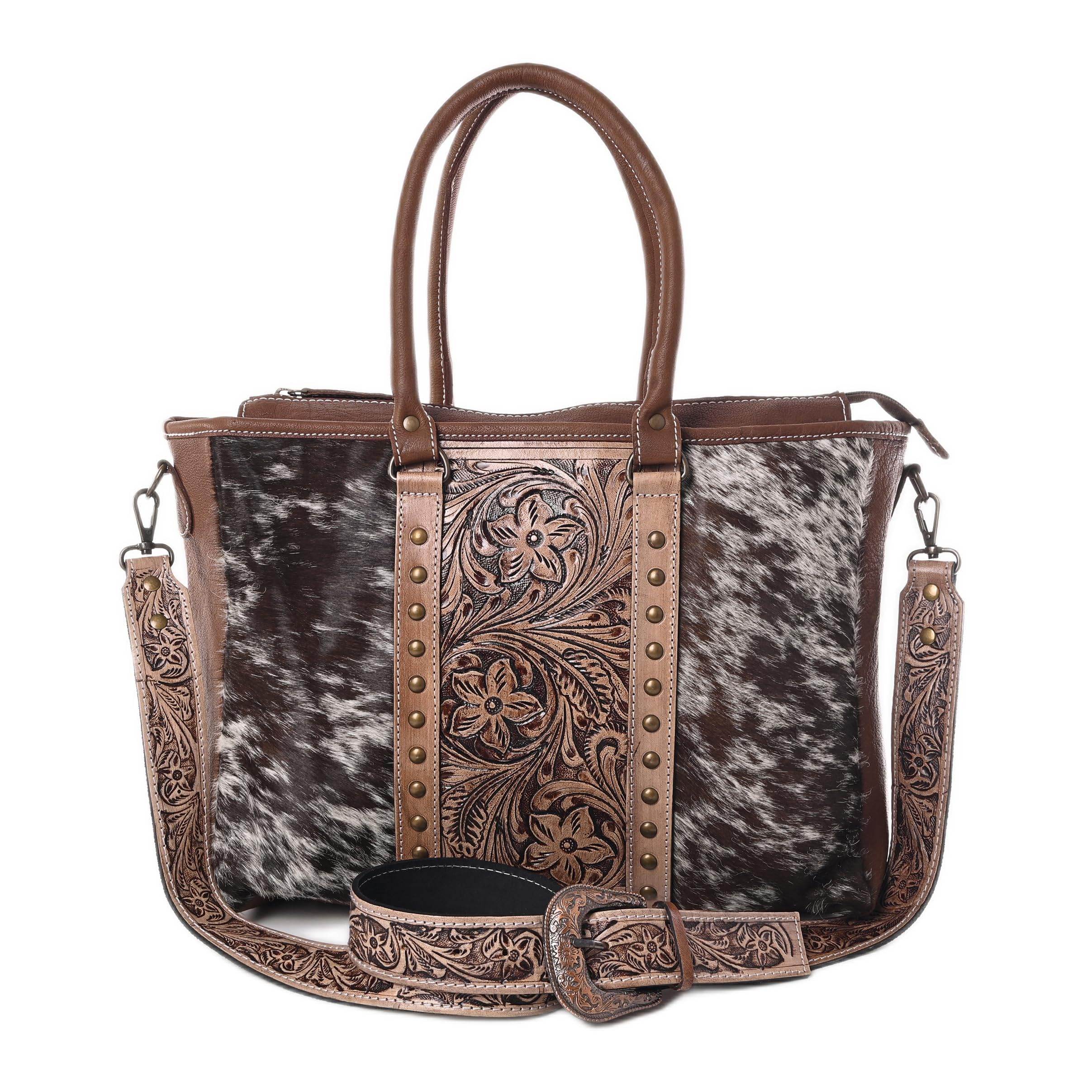 Western Cowhide Hairon Leather Tote Bag for Women With Adjustable Tooled Shoulder Strap Leather Purse - Graced By The South
