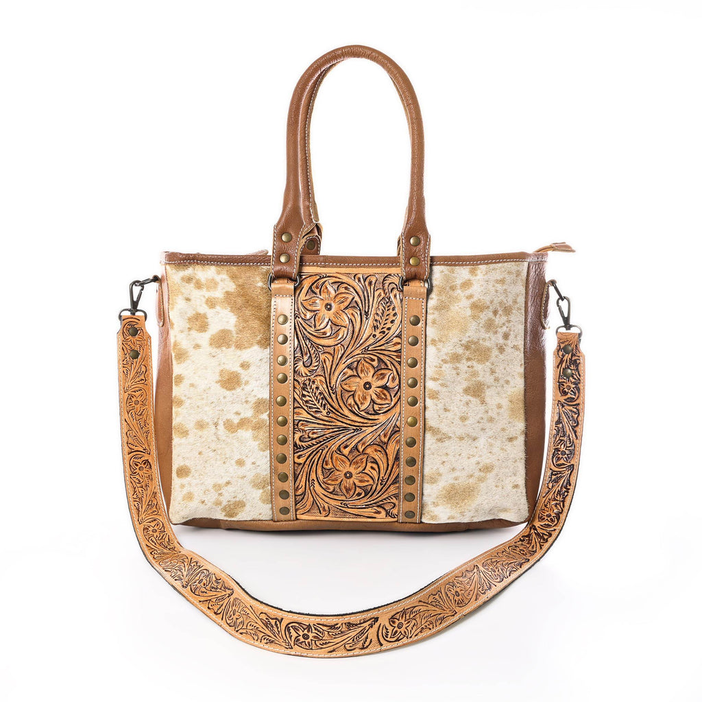 Western Cowhide Hairon Leather Tote Bag for Women With Adjustable Tooled Shoulder Strap Leather Purse - Graced By The South