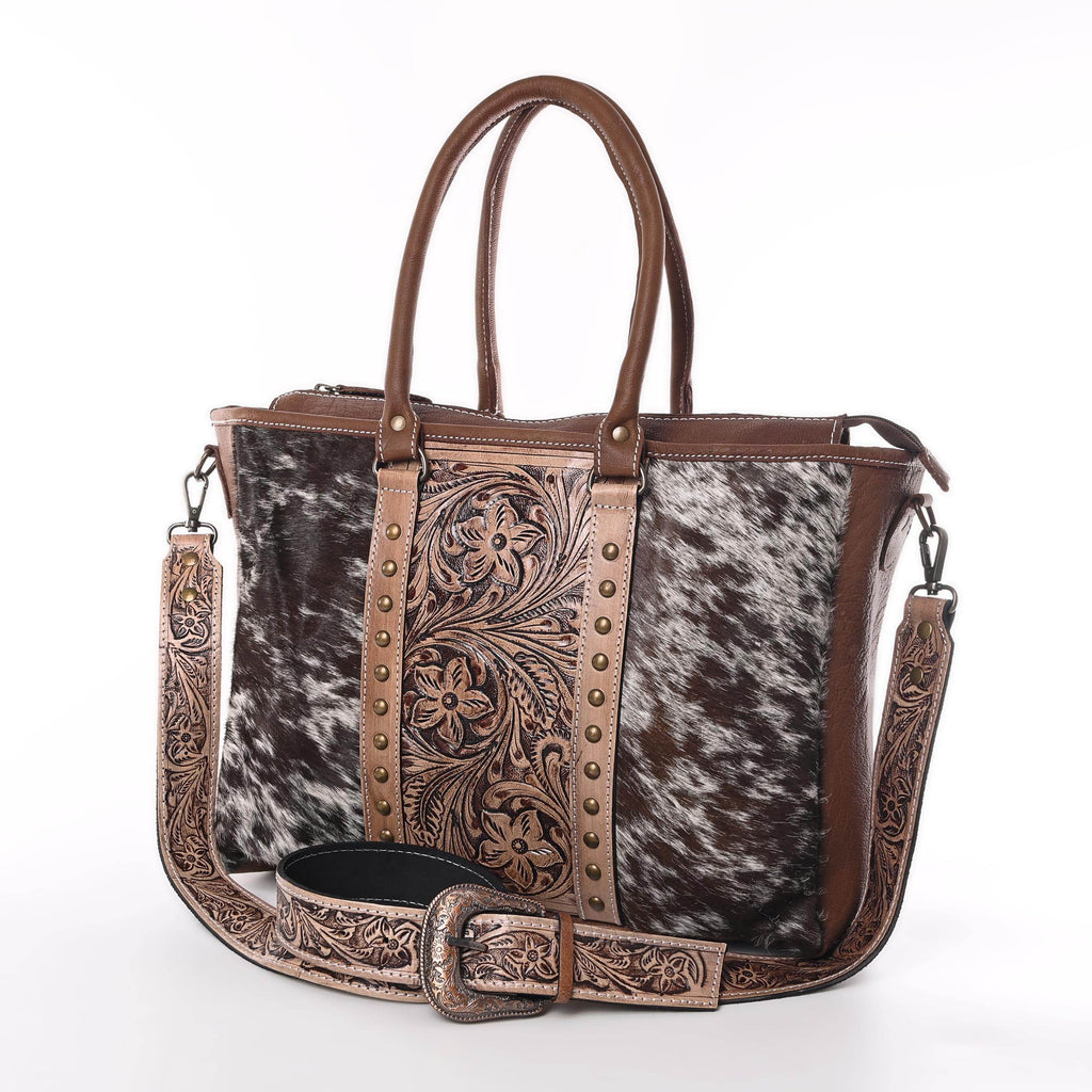 Western Cowhide Hairon Leather Tote Bag for Women With Adjustable Tooled Shoulder Strap Leather Purse - Graced By The South