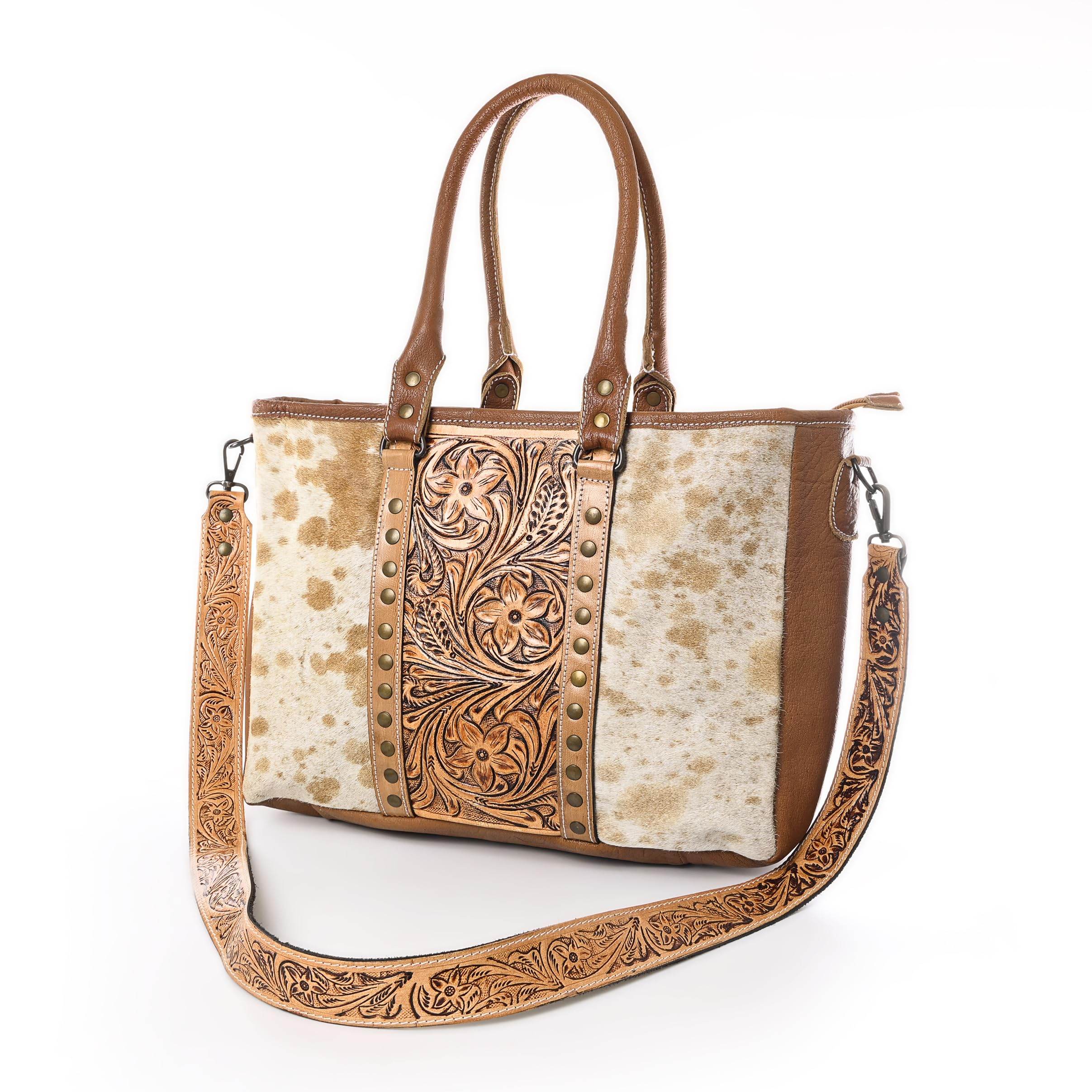 Western Cowhide Hairon Leather Tote Bag for Women With Adjustable Tooled Shoulder Strap Leather Purse - Graced By The South