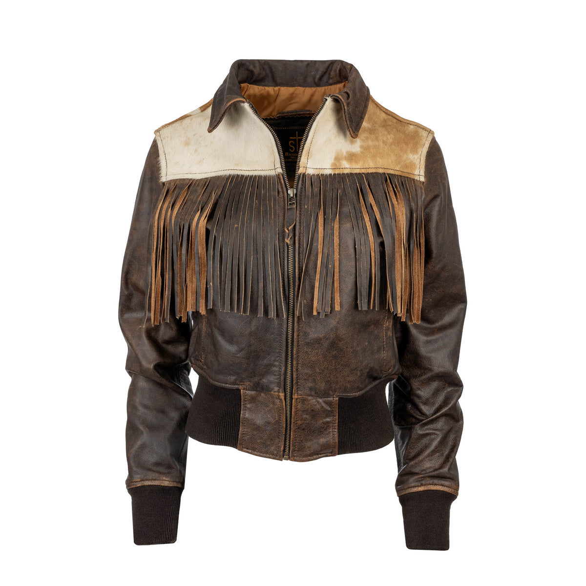 Women’s Lettie Fringe Leather and Hairon Jacket by STS Ranchwear Tobacco Brown