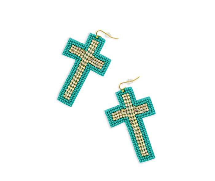 Beaded Cross Dangle Earrings in Teal by Myra Bag - Graced By The South