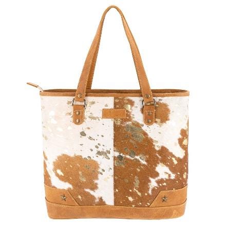 Sixtease Tan/ Gold Cowhide Leather Hairon Tote Bag Purse
