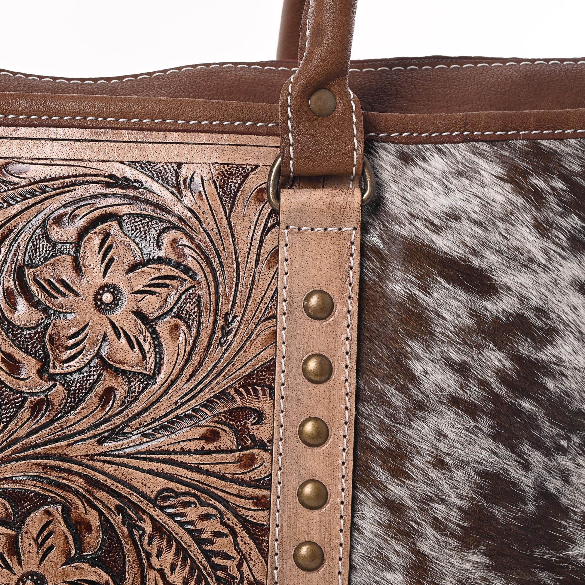 Western Cowhide Hairon Leather Tote Bag for Women With Adjustable Tooled Shoulder Strap Leather Purse - Graced By The South