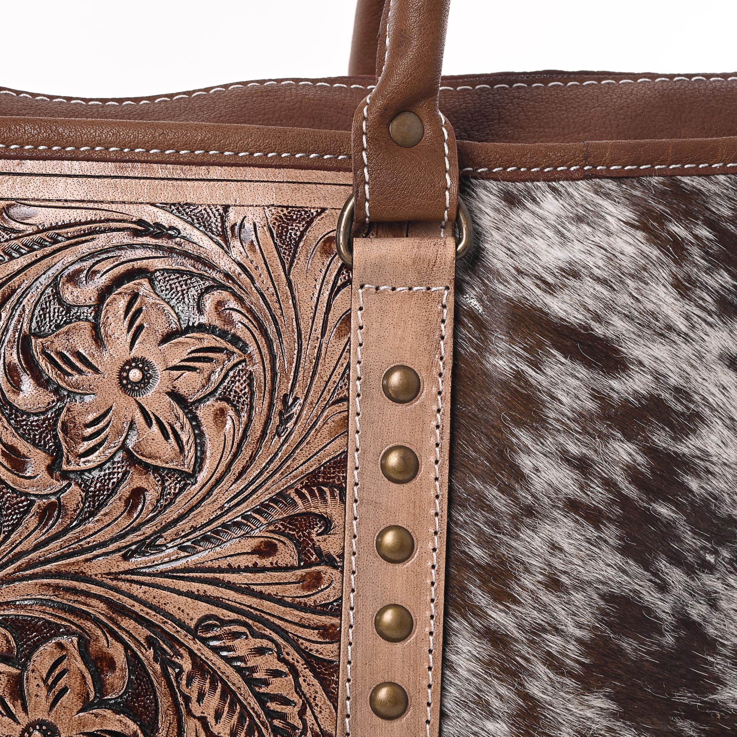 Western Cowhide Hairon Leather Tote Bag for Women With Adjustable Tooled Shoulder Strap Leather Purse - Graced By The South