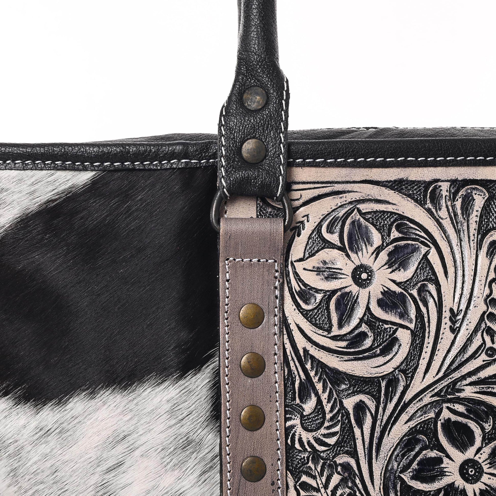Western Cowhide Hairon Leather Tote Bag for Women With Adjustable Tooled Shoulder Strap Leather Purse - Graced By The South