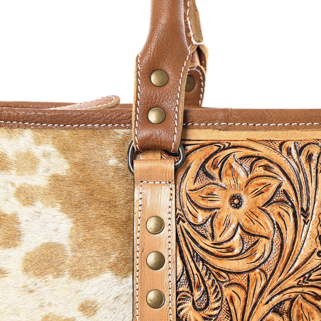 Western Cowhide Hairon Leather Tote Bag for Women With Adjustable Tooled Shoulder Strap Leather Purse - Graced By The South