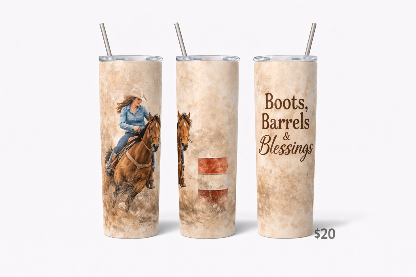 Boots, Barells and Blessings tumbler 20 oz Dpuble Walled Cleaning brush and Straw gift boxes Blonde, Brown or red hair options