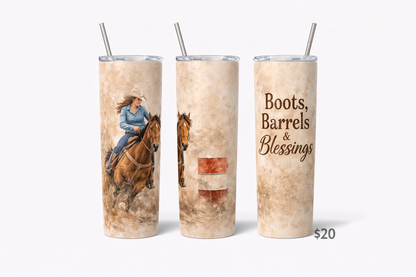 Boots, Barells and Blessings tumbler 20 oz Dpuble Walled Cleaning brush and Straw gift boxes Blonde, Brown or red hair options