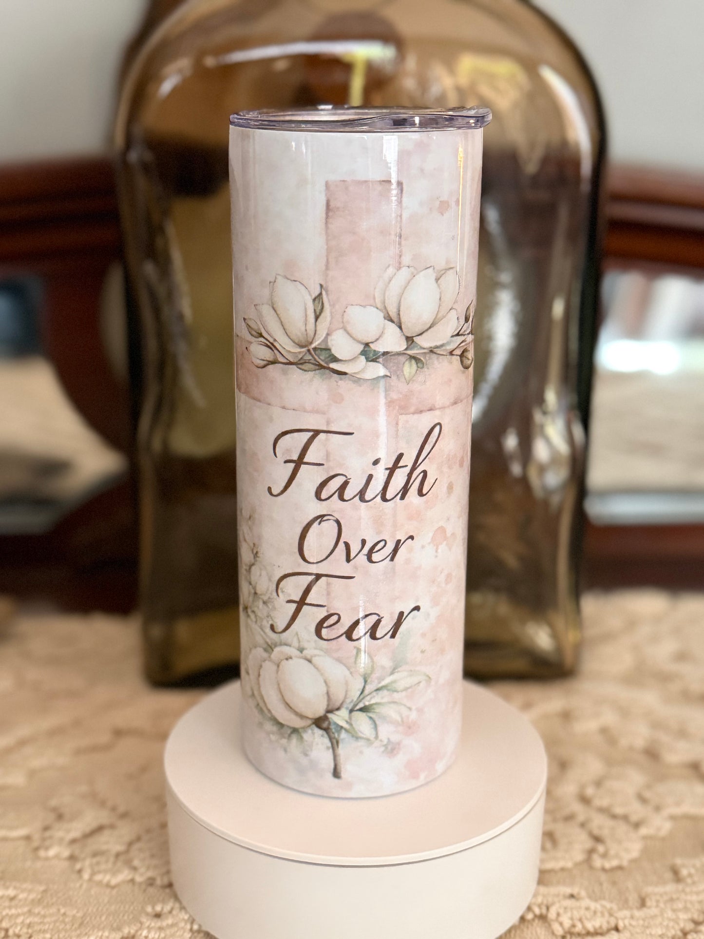 Faith over Fear tumbler 20 oz Dpuble Walled Cleaning brush and Straw gift boxes