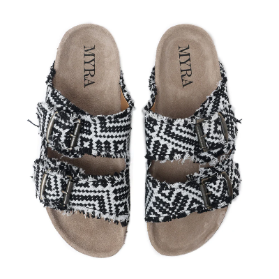 Ridge Denim Sandals In Black & White Myra Bag Sandals Slip On