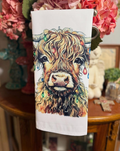 Christmas Tea Towel with Festive Cow and Lights
