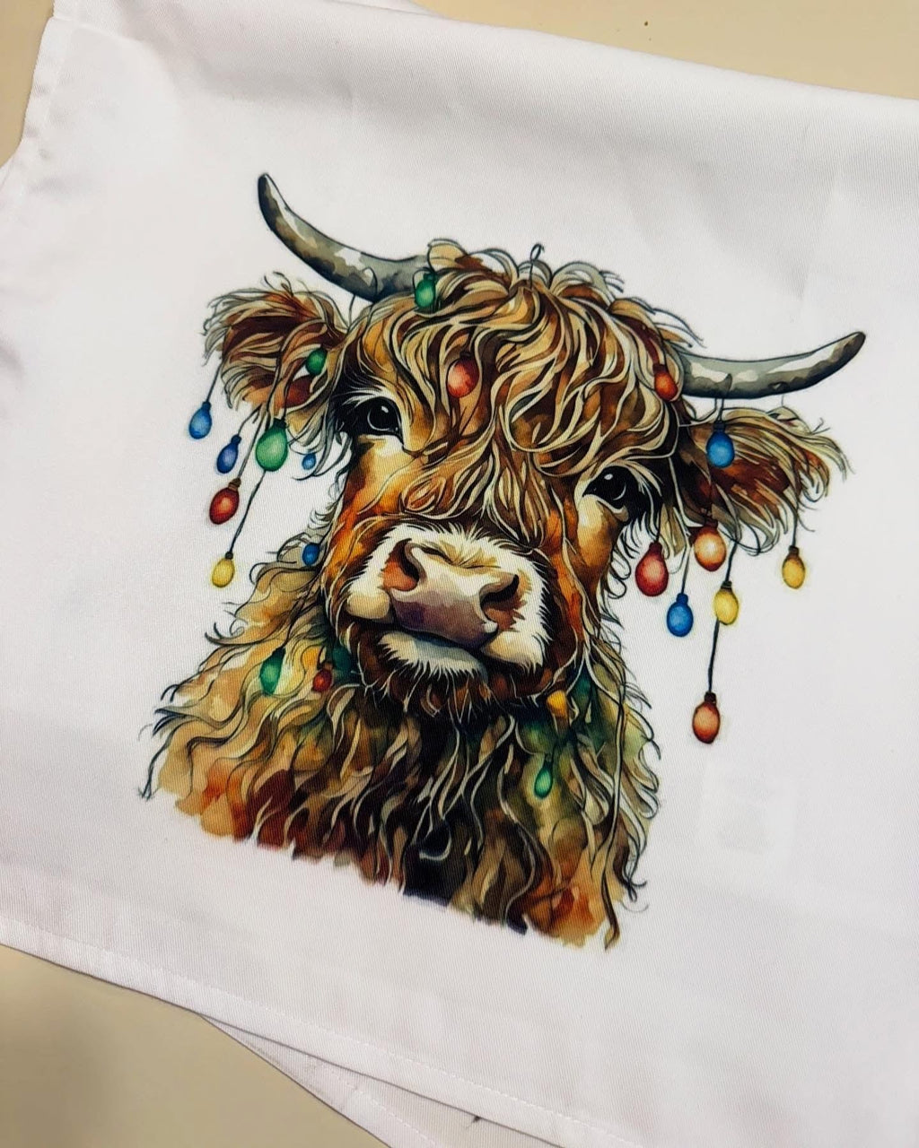 Christmas Tea Towel with Festive Cow and Lights