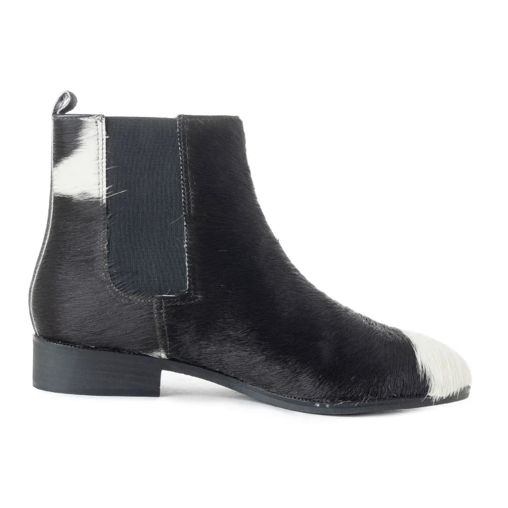 Electron Boot in Black and White Cowhide and Leather by Myrabag Slip On