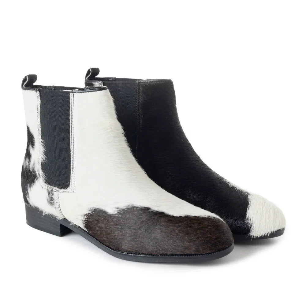 Electron Boot in Black and White Cowhide and Leather by Myrabag Slip On