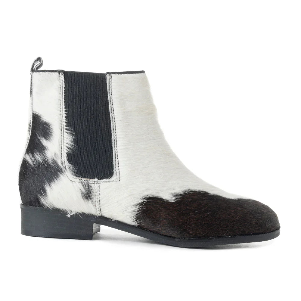 Electron Boot in Black and White Cowhide and Leather by Myrabag Slip On