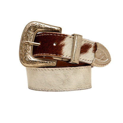 Whoop Hairon Leather Womens Belt Medium Brown and White
