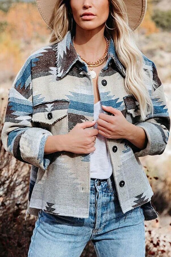 Western Aztec Flap Pocket Shacket Jacket Blue Gray