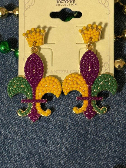 Beaded Mardi Gras Dangle Earrings - Graced By The South