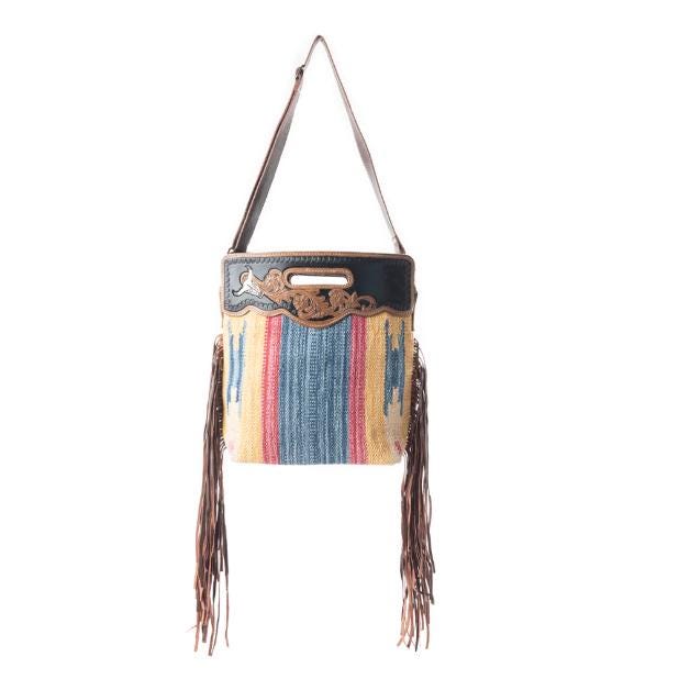 Myra Bag Blue Stream Hand Tooled Bag Fringe