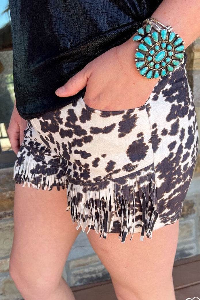 Cowprint Fringe Front Short - Graced By The South