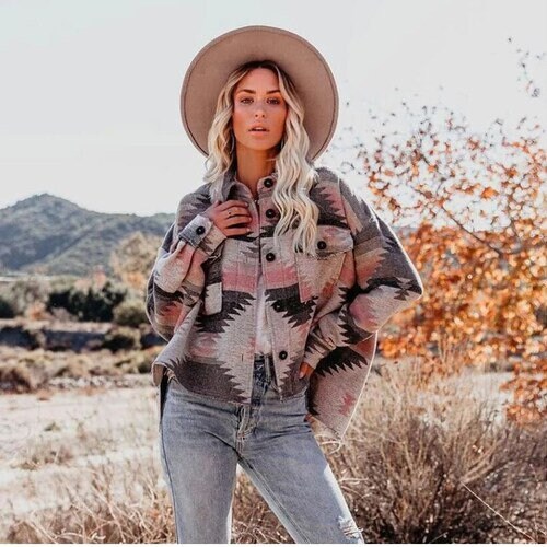 Western Aztec Flap Pocket Shacket Jacket Pink Gray