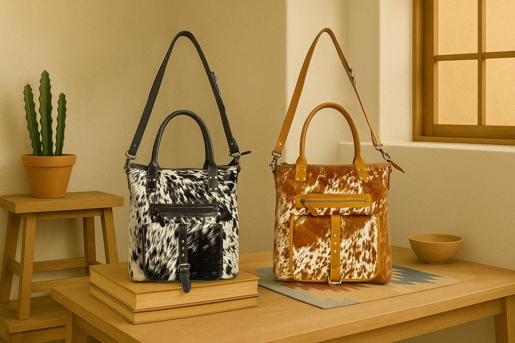 Myra Bag Mesa Maverick Leather Hairon Bag Brown and White